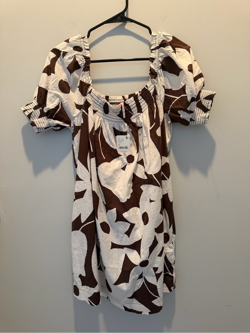 Free People Mika Brown and White Floral Puff-Sleeve Mini Dress NWT - Picture 5 of 8